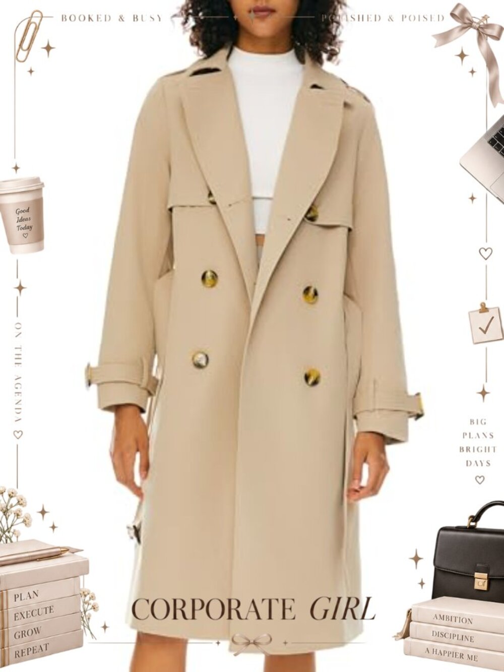 Double-Breasted Trench Coat Belted Long Length Lightweight Polyester